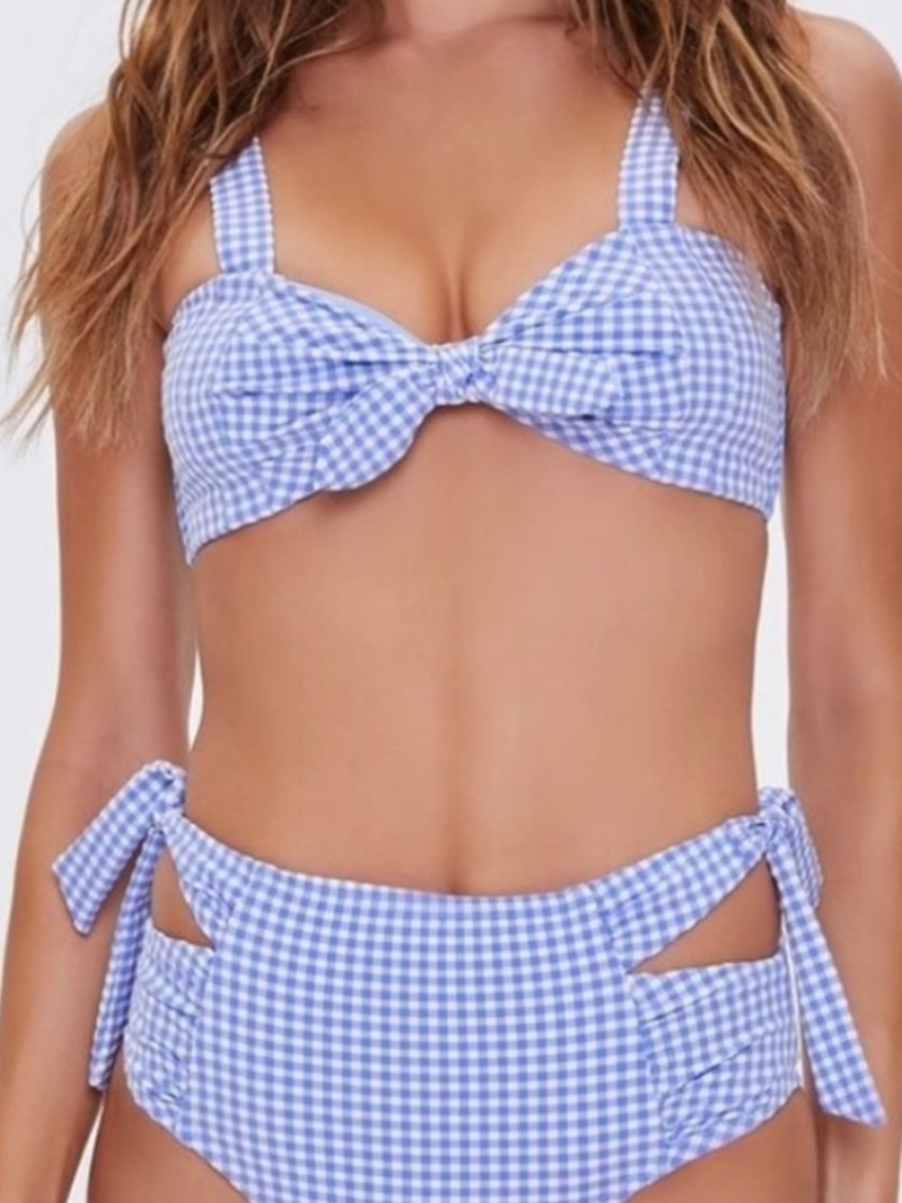 Forever 21 Retro Pinup 40s Swim Bikini Top Gingham Plaid Bralette Knot Blue L